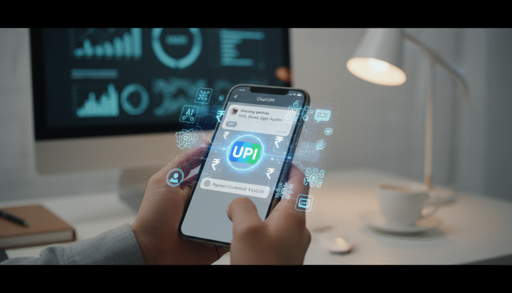 ChatGPT interface showing UPI payment confirmation and Bigbasket shopping within chatbot window, symbolizing AI-powered digital transactions.