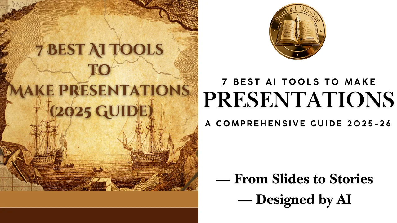 SoulAI Writes featured banner for 7 Best AI Tools to Make Presentations (2025-26 Guide) showing vintage map design and official gold medallion.