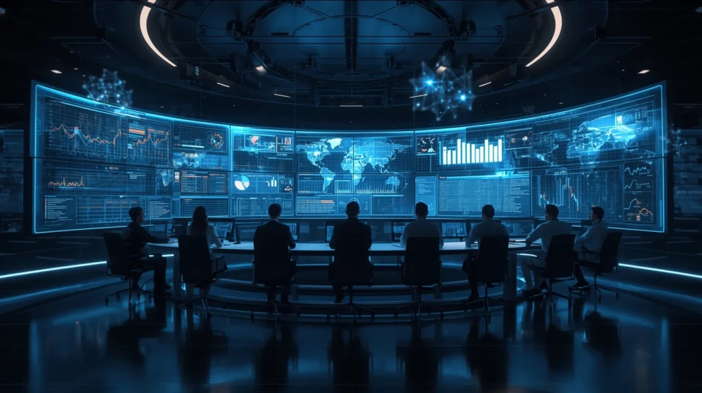 Futuristic command center team monitoring global operations managed by autonomous AI agent automation systems on large holographic screens.