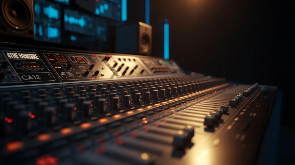 Close-up of a professional audio mixing console with illuminated LED sliders and knobs, representing the precision of AI audio and voice tools.