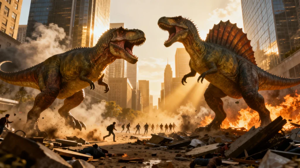 Cinematic AI-generated image of a T-Rex and Spinosaurus fighting in a city street at sunset, demonstrating high-fidelity lighting and texture details.