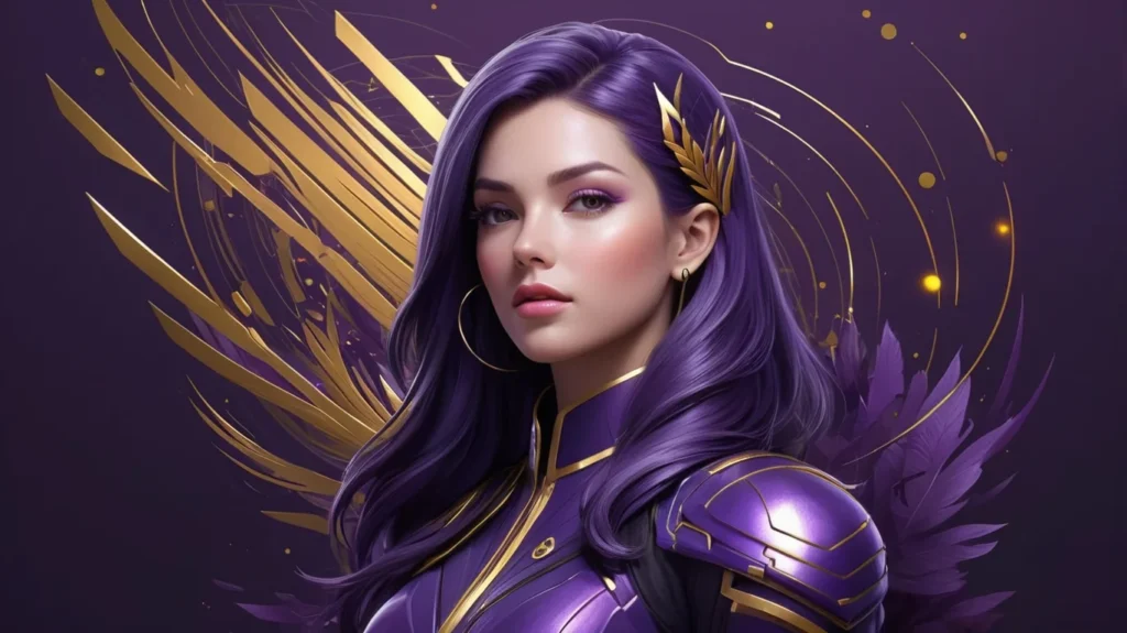 High-fidelity digital portrait of a purple-haired female AI character created with Character AI, showcasing detailed armor and gold accessories.
