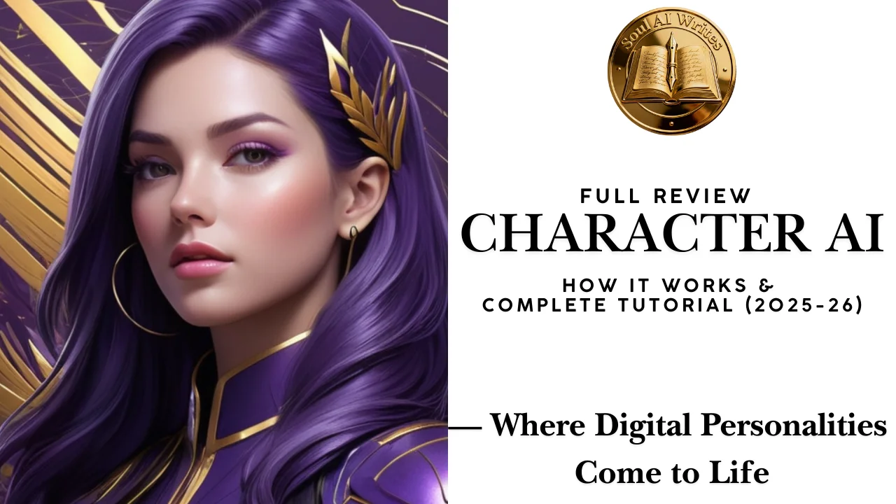 SoulAI Writes featured banner for Character AI Full Review: How It Works & Complete Tutorial 2025-26 with official gold medallion.