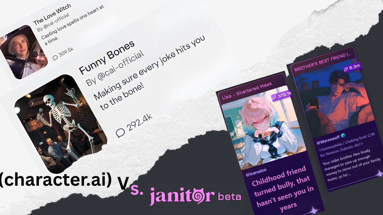 Split-screen comparison showing Character.ai interface (The Love Witch, Funny Bones) versus Janitor AI Beta interface (anime style characters like Lisa and Werewolf) to illustrate platform differences.