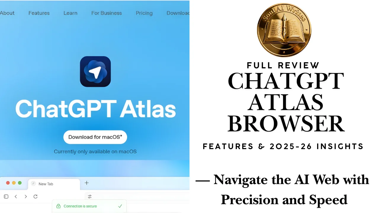 SoulAI Writes featured banner for ChatGPT Atlas Browser Full Review: Features & 2025-26 Insights with official gold medallion.