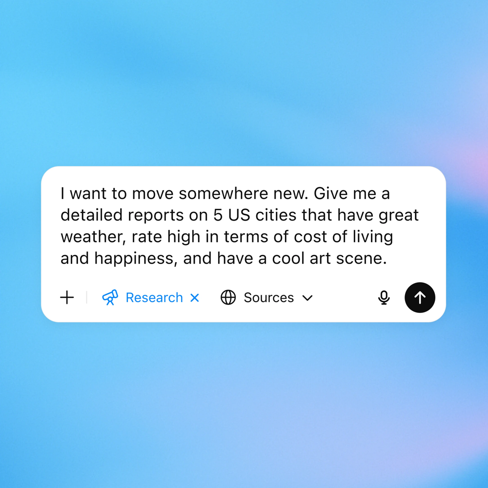 ChatGPT chat input box with a prompt: “I want to move somewhere new. Give me a detailed report on 5 US cities that have great weather, rate high in terms of cost of living and happiness, and have a cool art scene.” The prompt is tagged with “Research” and “Sources”. Caption: Using Deep Research: the prompt is tagged Research (and Sources) to compile information from many references.*