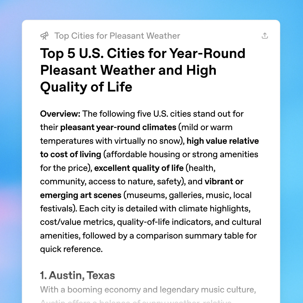 ChatGPT Deep Research report titled “Top 5 U.S. Cities for Year-Round Pleasant Weather and High Quality of Life,” showing an overview paragraph. Caption: Example Deep Research output: a structured report on cities with ideal climates and lifestyles.*
