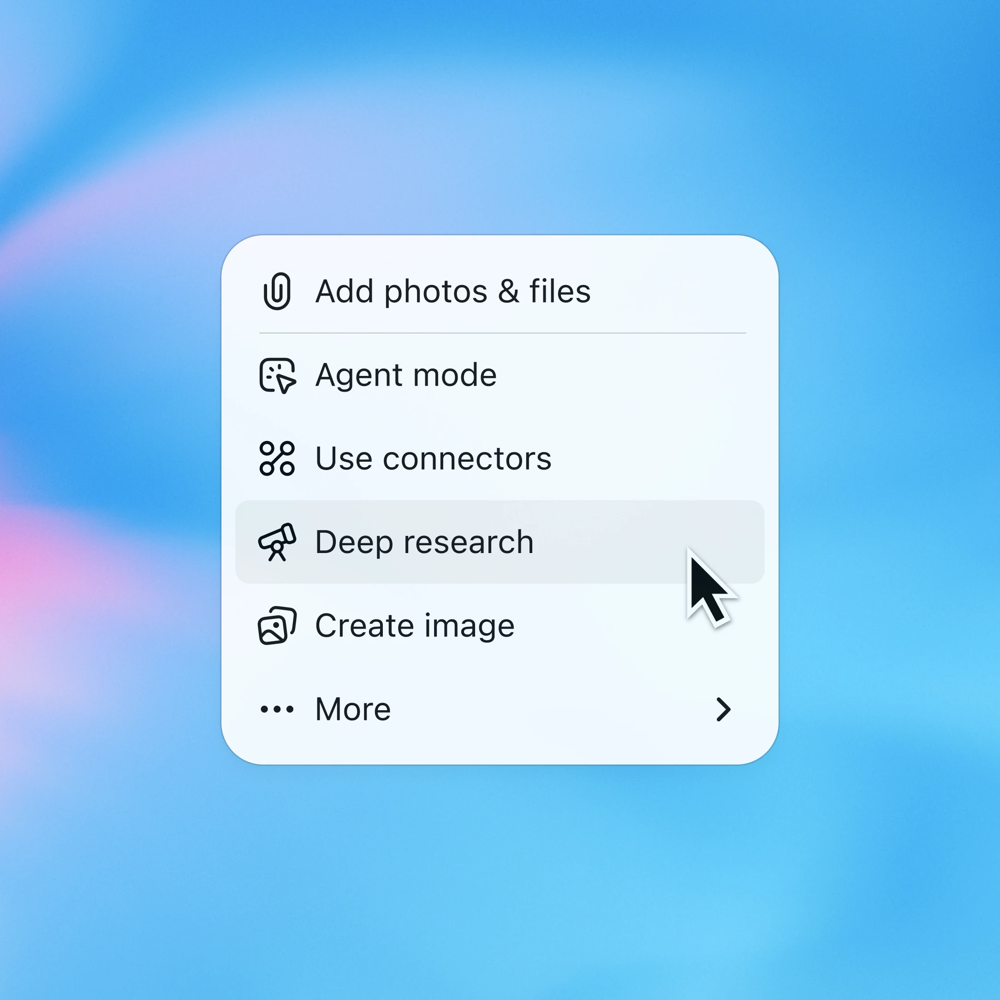 ChatGPT interface menu showing the “+” menu with options like Add photos & files, Agent mode, Use connectors, Deep research, and Create image. Caption: The “+” menu in ChatGPT reveals features like Deep Research and Agent Mode for advanced tasks.*