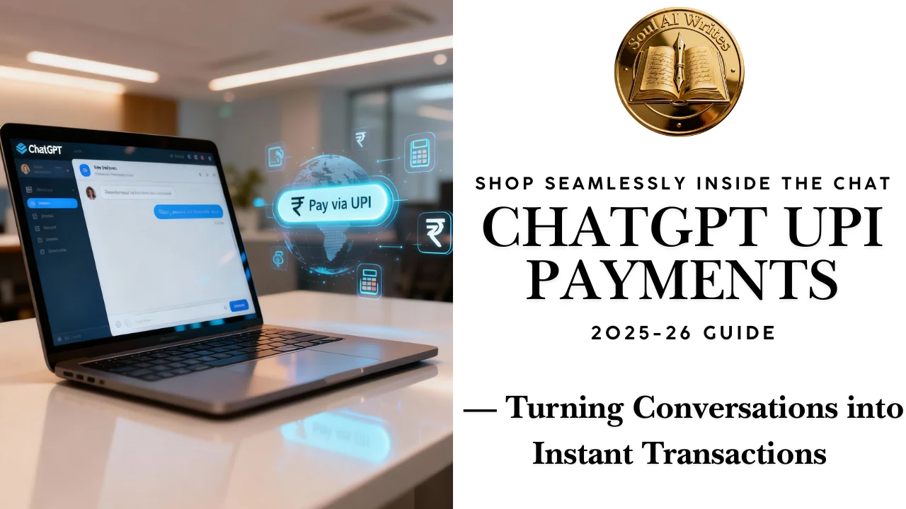 SoulAI Writes featured banner for ChatGPT UPI Payments: Shop Seamlessly Inside the Chat (2025-26 Guide) with official gold medallion logo.