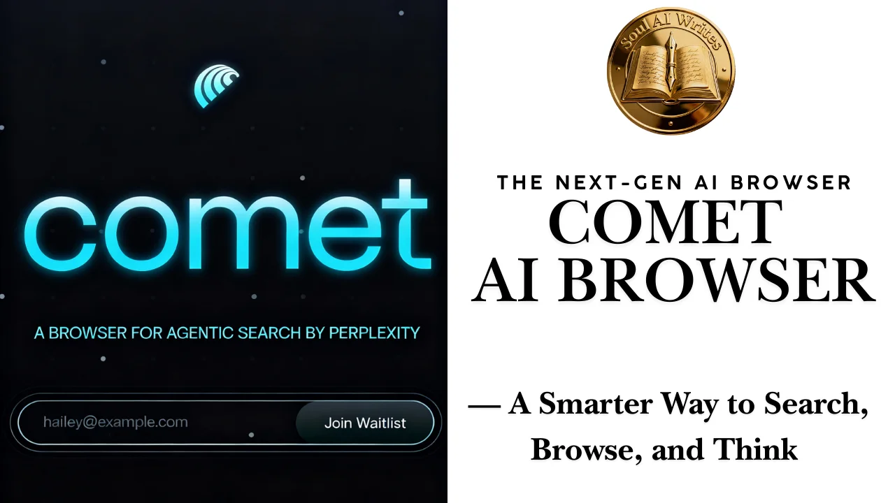 Comet AI browser logo and SoulAI Writes gold seal feature image showing the Next-Gen AI Browser by Perplexity with slogan A Smarter Way to Search Browse and Think
