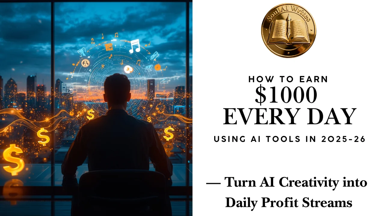 SoulAI Writes featured banner for How to Earn $1000 Every Day Using AI Tools in 2025-26 with official gold medallion.