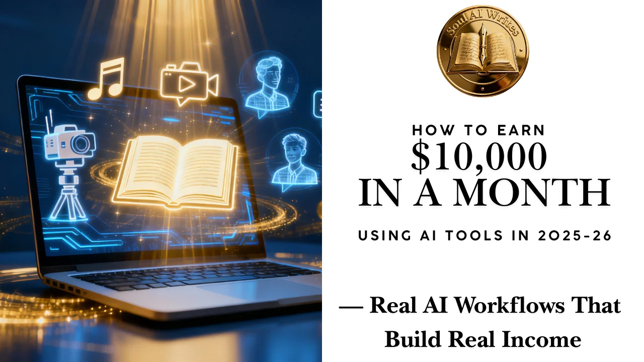 SoulAI Writes featured banner for How to Earn $10,000 in a Month Using AI Tools guide with official gold medallion logo.