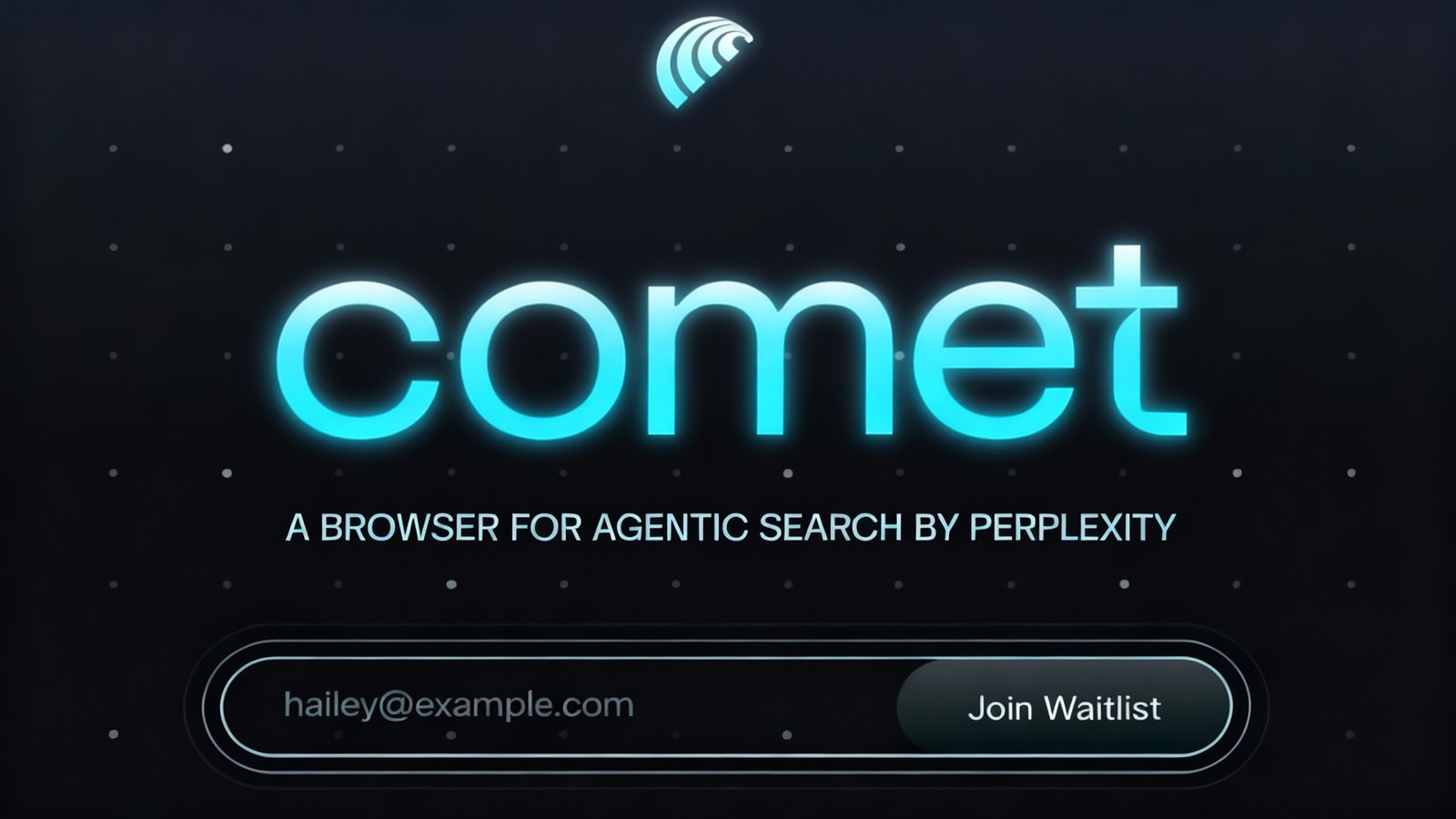 Comet browser by Perplexity – promotional image announcing AI-powered agentic search with glowing blue design and join waitlist button.