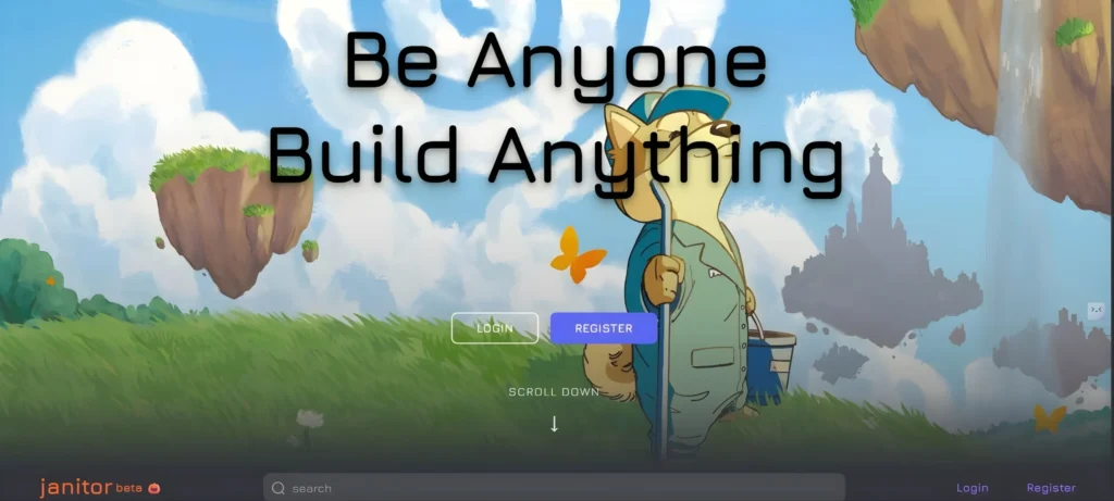 Official Janitor AI Beta landing page featuring the slogan "Be Anyone Build Anything" and an anime-style dog mascot in a fantasy landscape.