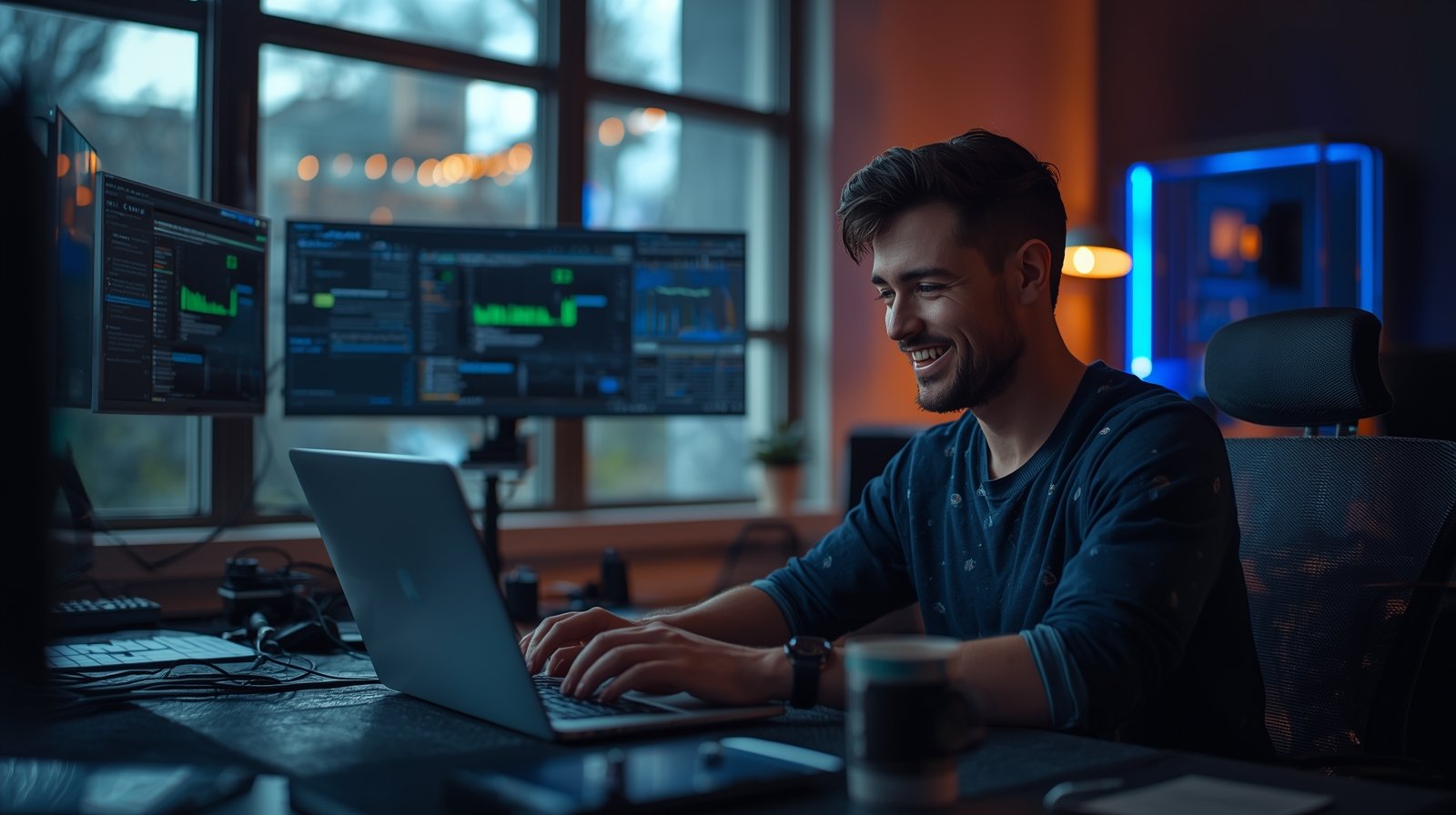 ChatGPT Mastery for Beginners and Pros — ultra-realistic cinematic photo of a smiling developer working on a laptop with dual monitors and a modern home office setup.