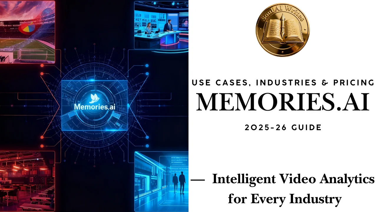 SoulAI Writes featured banner for Memories.ai Use Cases, Industries & Pricing 2025-26 Guide with official gold medallion logo.