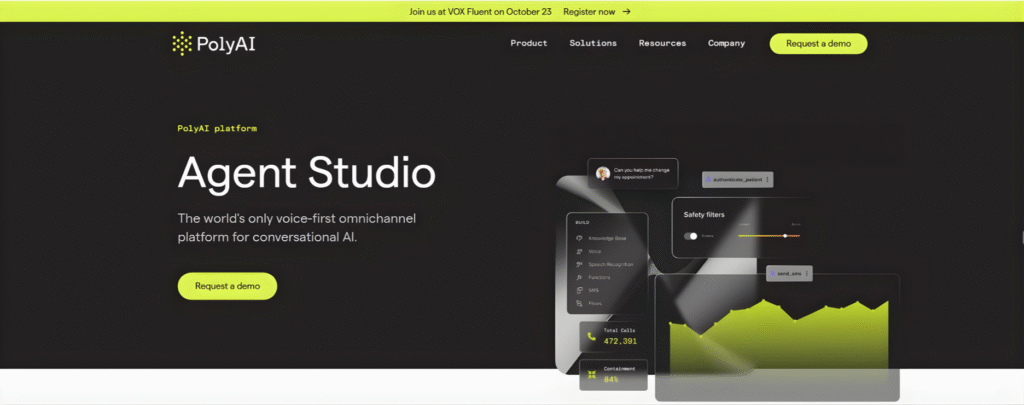Poly AI Agent Studio dashboard showing voice workflow, analytics, call routing, and voice persona setup