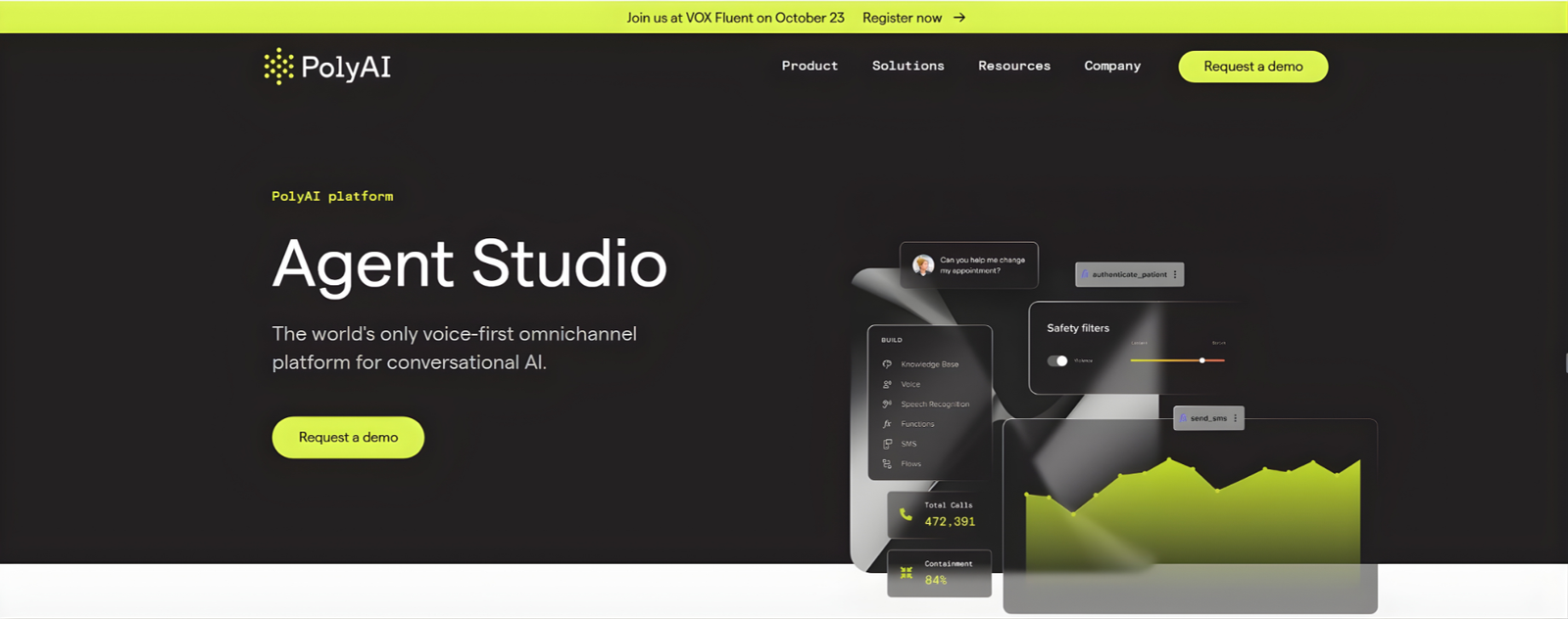 Poly AI Agent Studio dashboard showing voice workflow, analytics, call routing, and voice persona setup