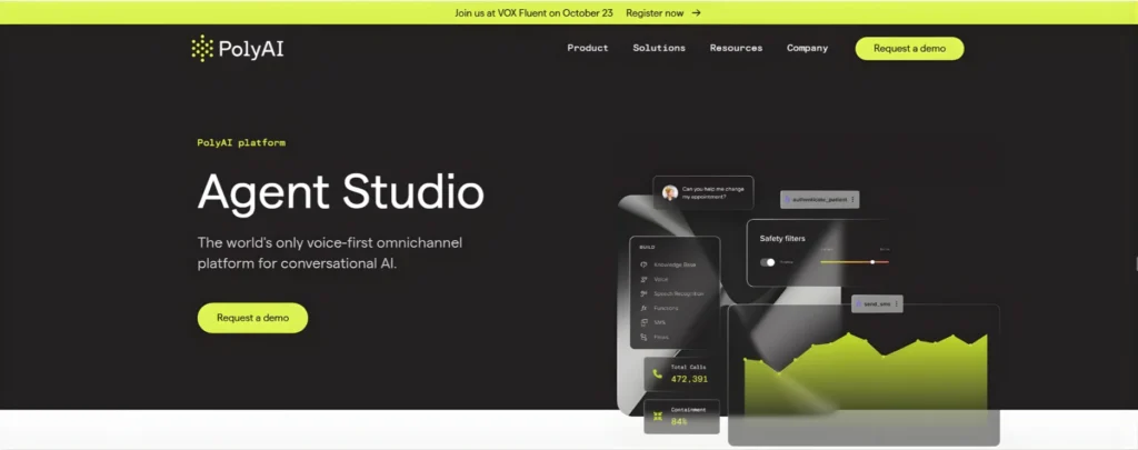 Poly AI "Agent Studio" dashboard interface showing development tools including safety filters, knowledge base configuration, and real-time call containment analytics.