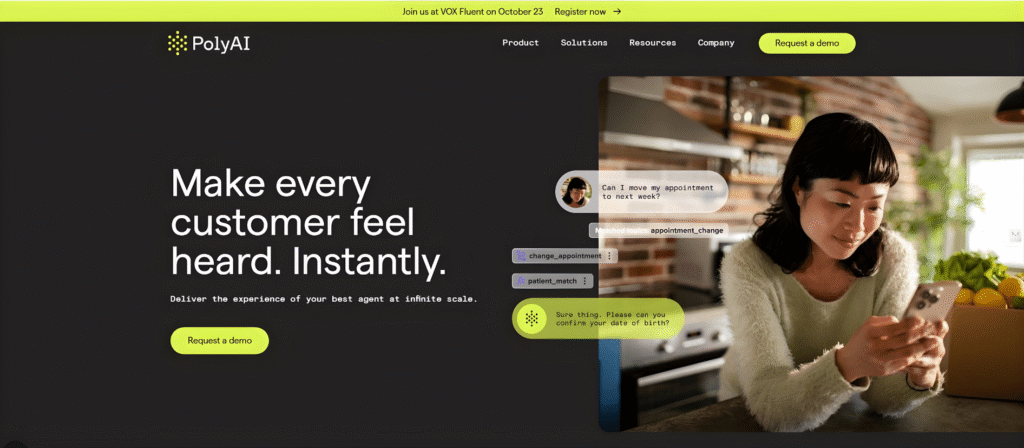 Poly AI interface with lifelike voice assistant dashboard for customer experience.