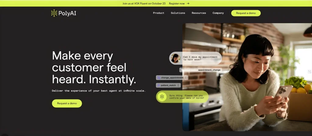 Poly AI official homepage interface showing a customer on a phone call with floating data tags like "appointment_change" and "patient_match" demonstrating real-time voice analysis.