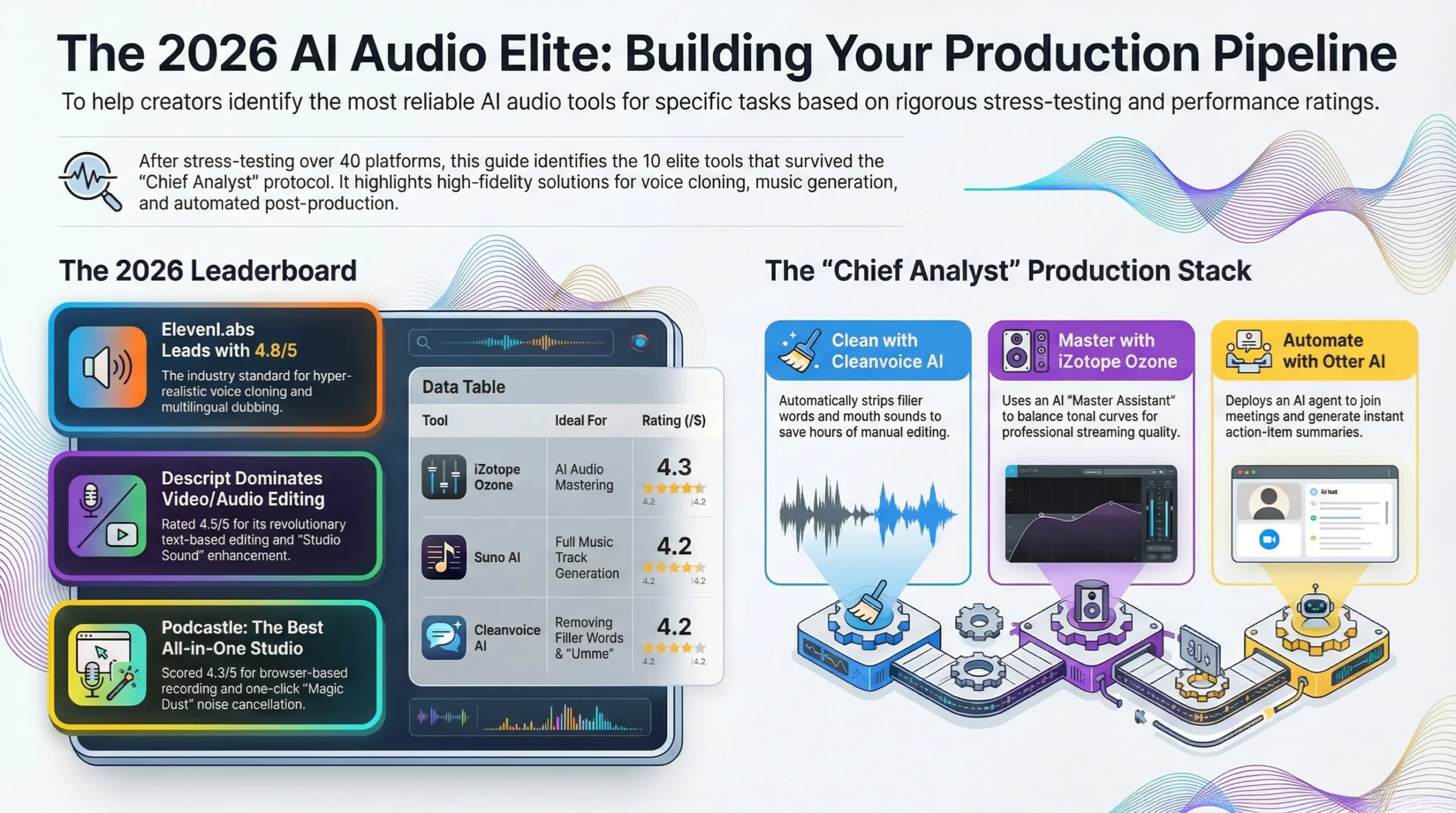 Infographic titled "The 2026 AI Audio Elite" displaying a ranked leaderboard and production pipeline. It features ElevenLabs (4.8/5) as the top voice tool, Descript (4.5/5) for editing, and Podcastle (4.3/5) for recording. The visual also maps a "Production Stack" workflow: Cleanvoice AI for cleanup, iZotope Ozone for mastering, and Otter AI for automation.
