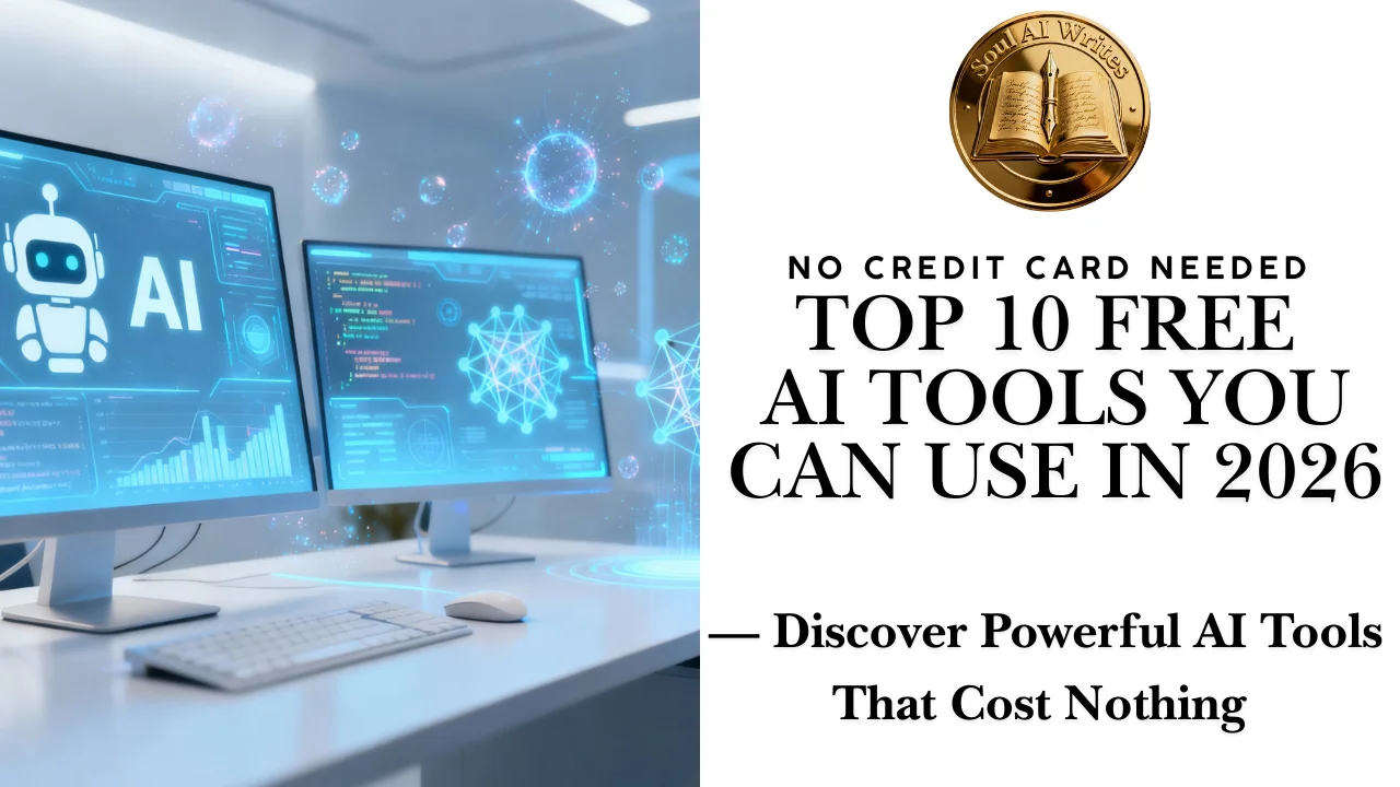 SoulAI Writes featured banner for Top 10 Free AI Tools You Can Use in 2026: No Credit Card Needed with official gold medallion.