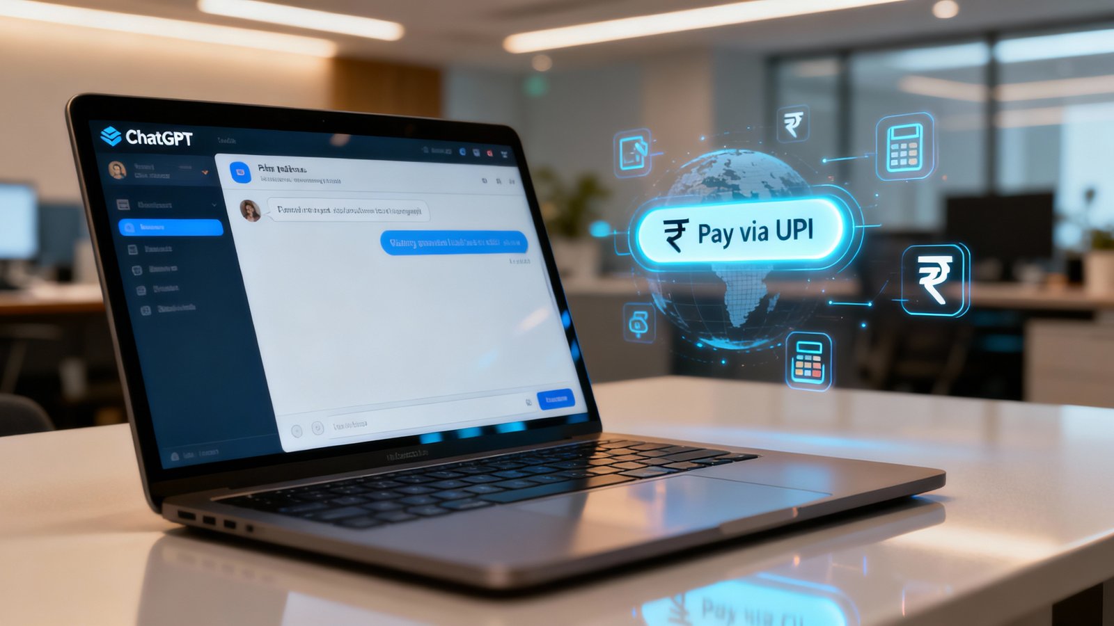 ChatGPT interface showing UPI payments confirmation and Bigbasket shopping within chatbot window, symbolizing AI-powered digital transactions.