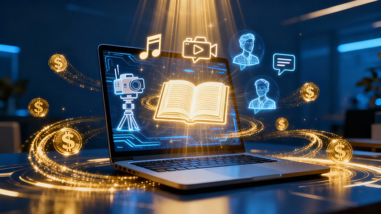 Collage of AI tool icons (music, video, ebooks, avatars) with money illustration