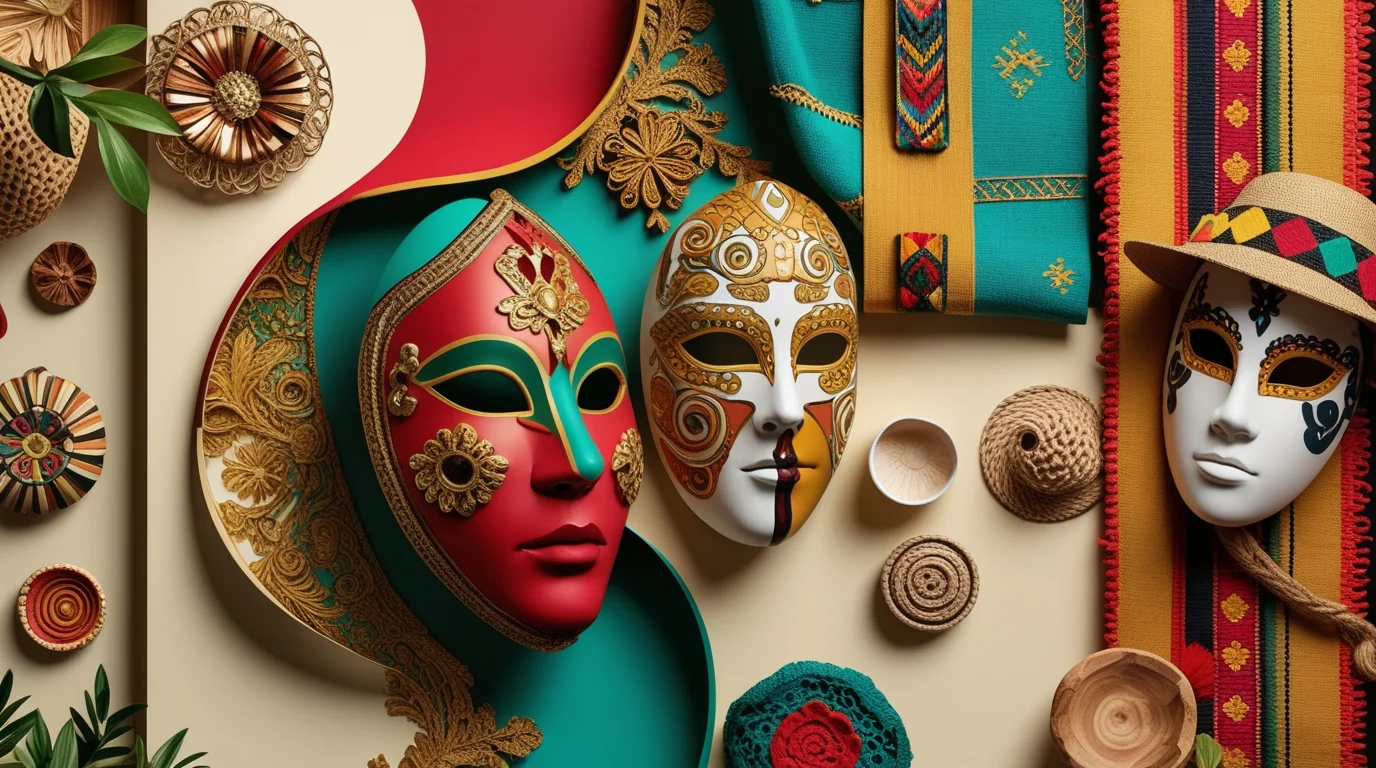 Flat lay composition of cultural masks, hats, and fabric textures generated by AI tools for graphic design.