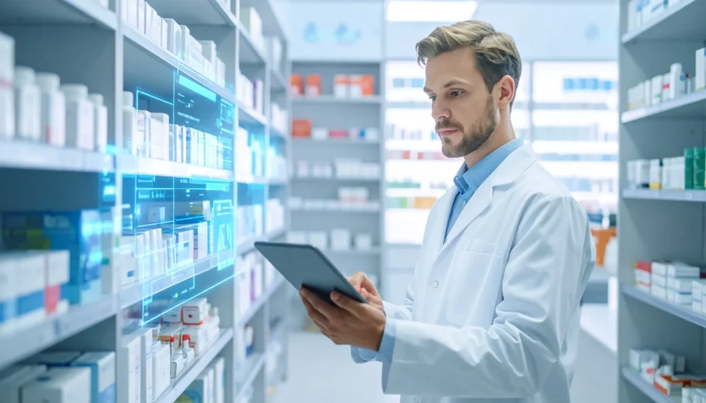 Pharmacist managing inventory using holographic AI solutions for pharmacy to check drug interactions and stock levels in real-time.