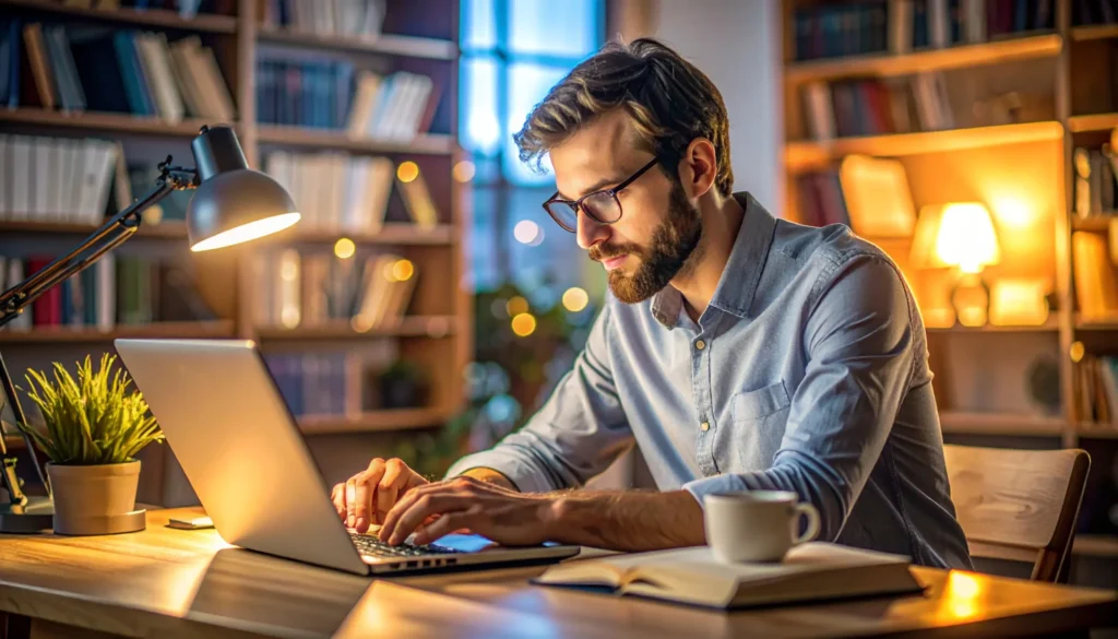 University student using AI tools for academic research on a laptop in a cozy library setting to analyze papers and citations.