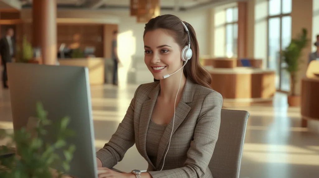 Professional customer support agent using AI tools for customer service to manage high-volume tickets in a modern corporate office.
