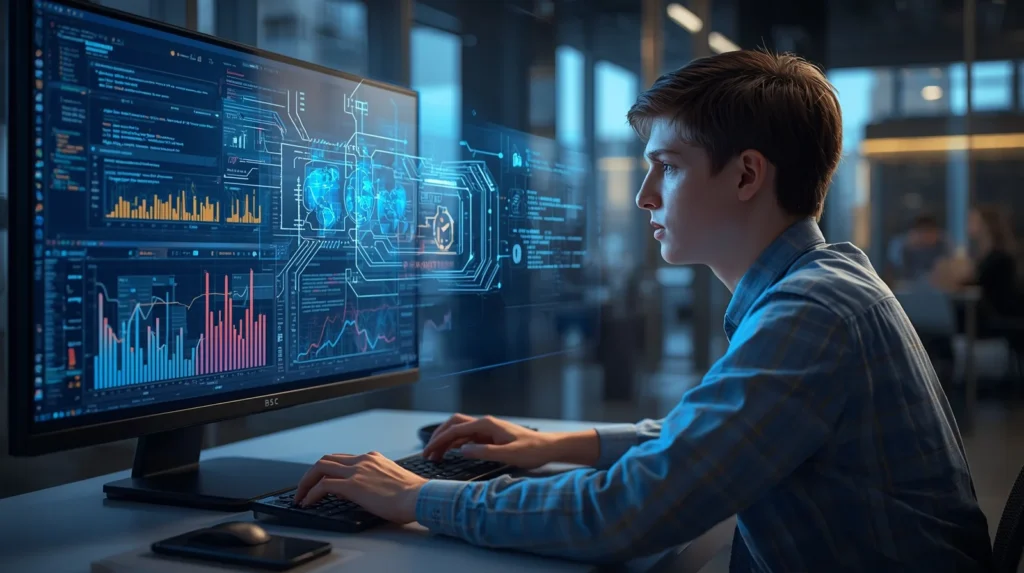 Young programmer using AI tools for front-end dev to visualize code structures and UI elements on a holographic interface.