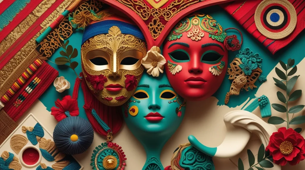 Intricate, vibrant theatrical masks created by AI tools for graphic design, showcasing advanced texture and color handling.