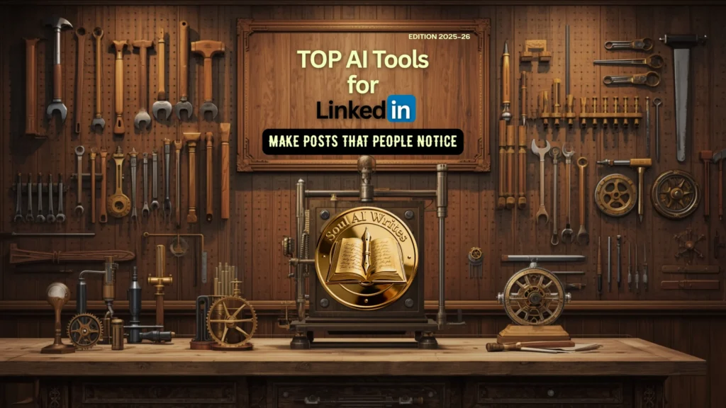 A professional craftsman's workshop scene representing the "building" of a personal brand using Top AI Tools for LinkedIn, featuring the SoulAI Writes gold emblem.