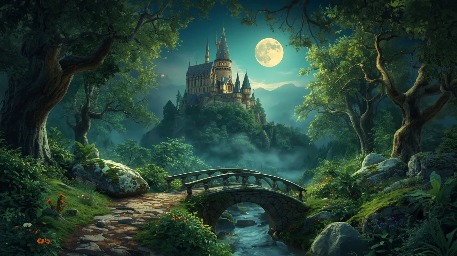 Cinematic fantasy castle on a moonlit hill surrounded by glowing trees, misty valley, and a stone bridge over a stream — ultra-realistic 4K magical landscape.