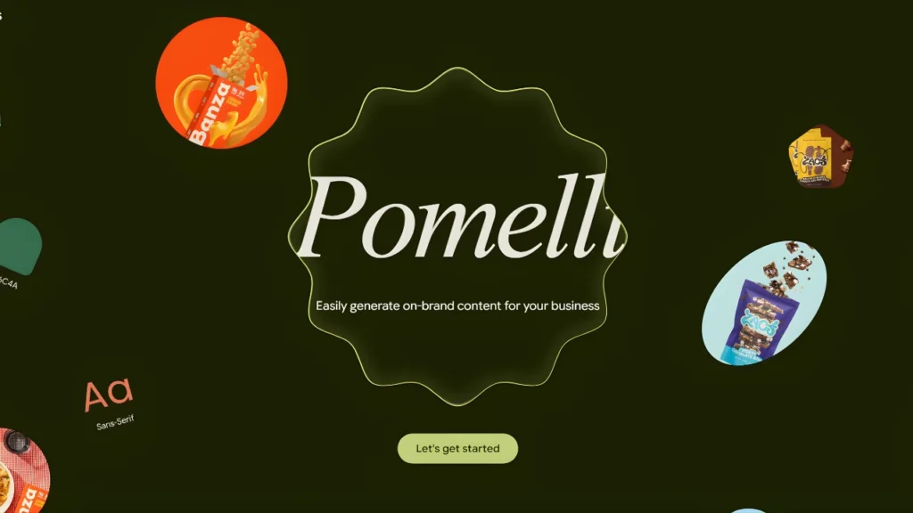 Pomelli AI official interface showing floating product examples (Banza, Zac's) and design elements like color palettes and typography for building a Business DNA.