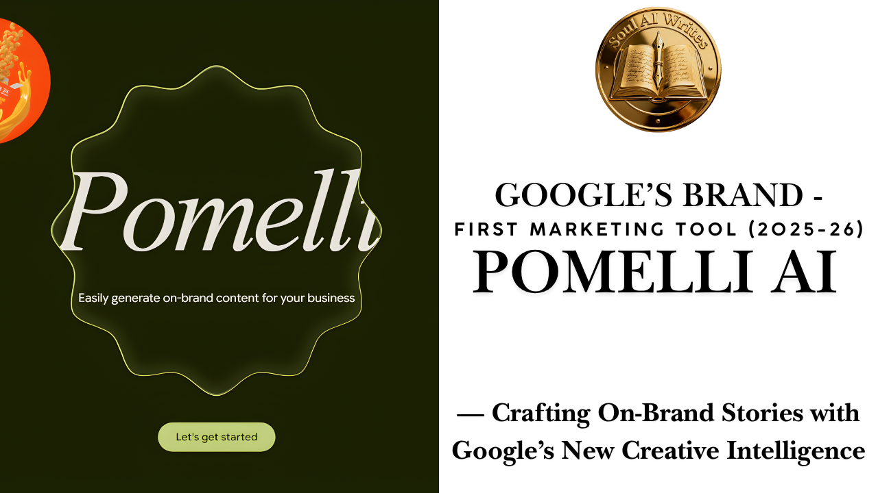 SoulAI Writes featured banner for Pomelli AI: Google's Brand-First Marketing Tool (2025-26) with official gold medallion logo.