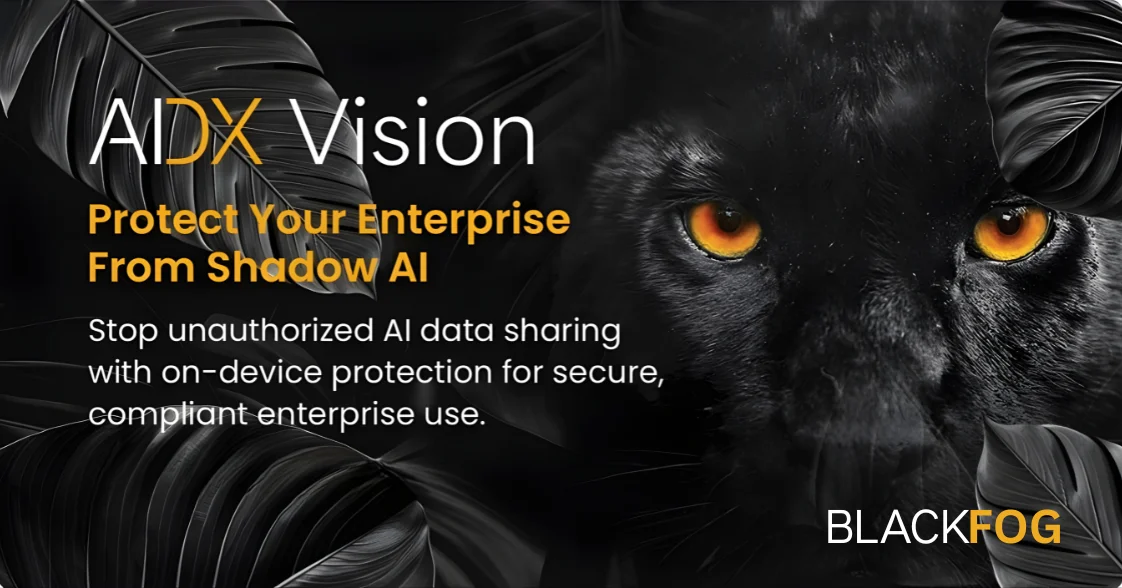 A dramatic, dark-themed hero banner featuring a close-up of a black panther’s piercing amber eyes staring directly at the viewer. The panther’s face is partially obscured by large, glossy black tropical leaves, creating a sense of stealth and vigilance. Overlaid text in bold white and orange reads: “ADX Vision – Protect Your Enterprise From Shadow AI.” Below, in smaller white text: “Stop unauthorized AI data sharing with on-device protection for secure, compliant enterprise use.” The BlackFog logo appears in the bottom-right corner in white and orange. The overall color palette is black, charcoal, and orange, evoking a high-stakes cybersecurity mood.