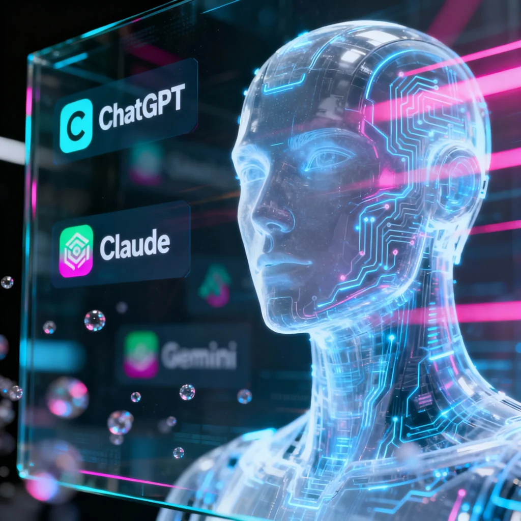 Futuristic AI humanoid face displaying ChatGPT, Claude, and Gemini logos for AI chatbot reviews on SoulAI Writes.