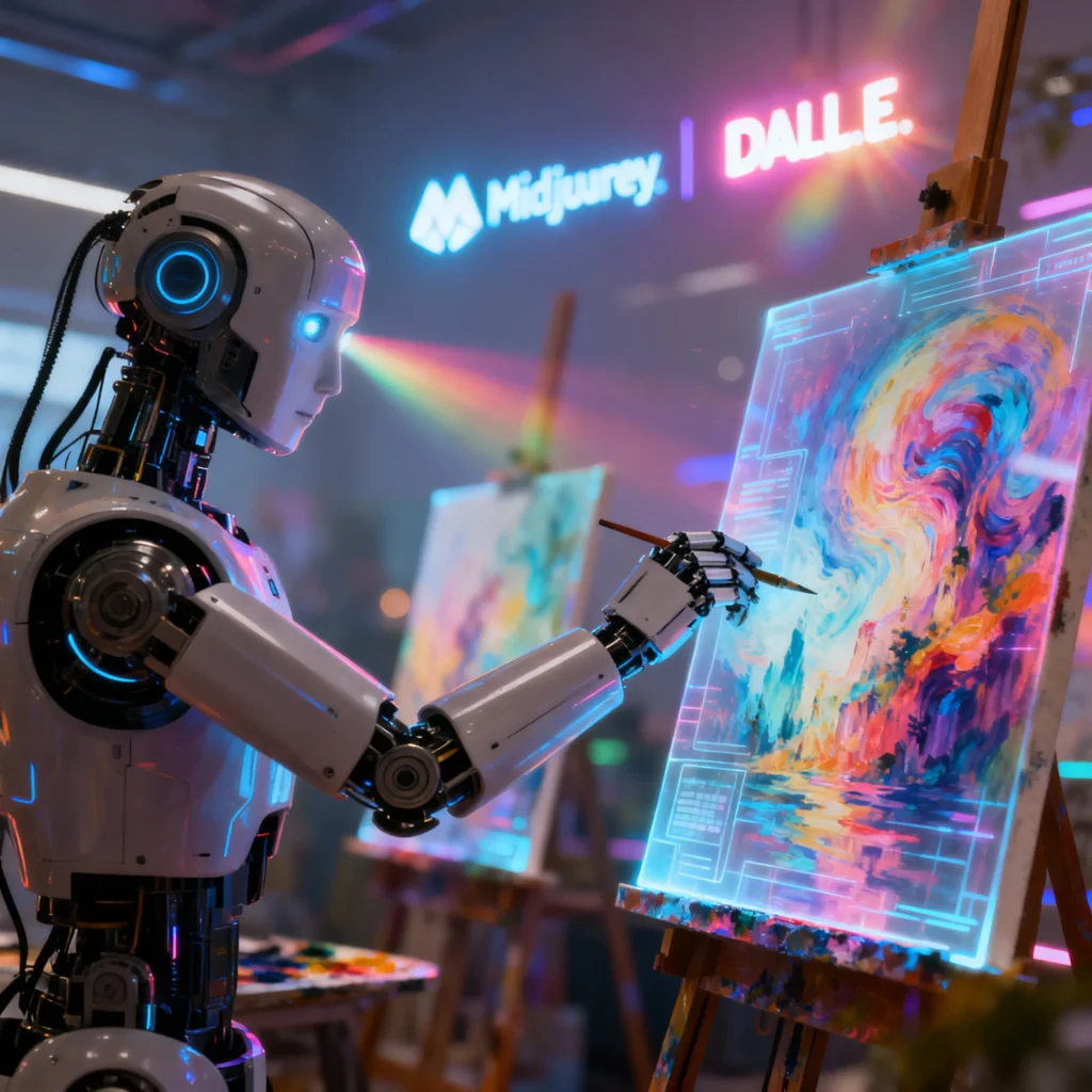 Robot artist painting on canvas representing AI image generator tools like Midjourney and DALL-E.