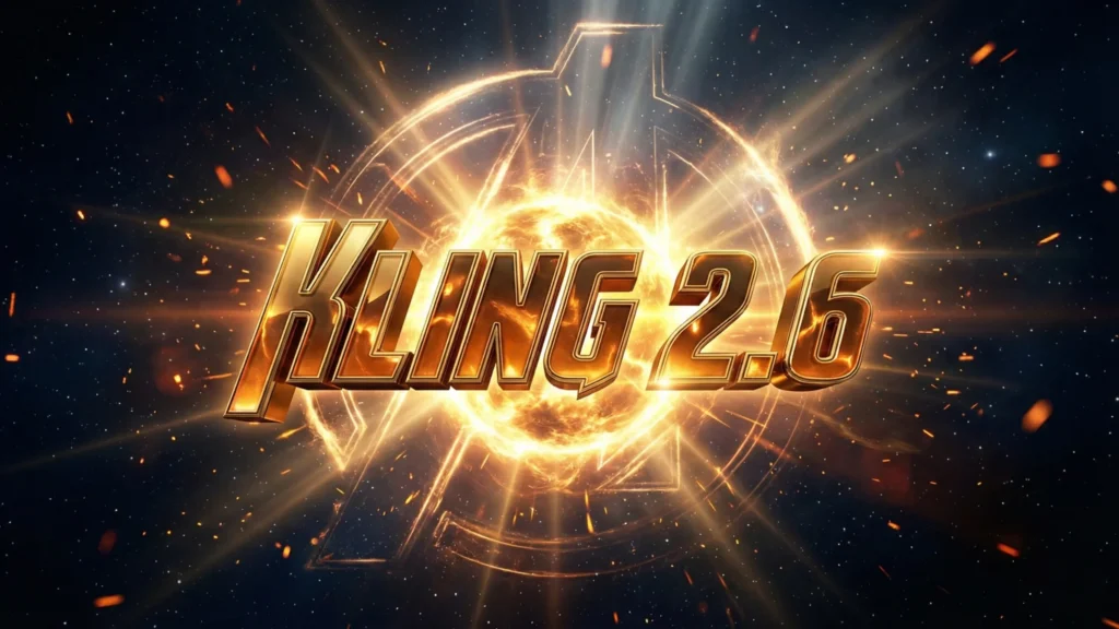 Cinematic gold logo of Kling 2.6 AI Video generator exploding with light in space, representing native audio capabilities.
