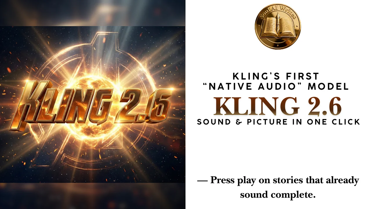 SoulAI Writes featured banner for Kling 2.6 AI Video review: Sound & Picture in One Click with official gold medallion logo.