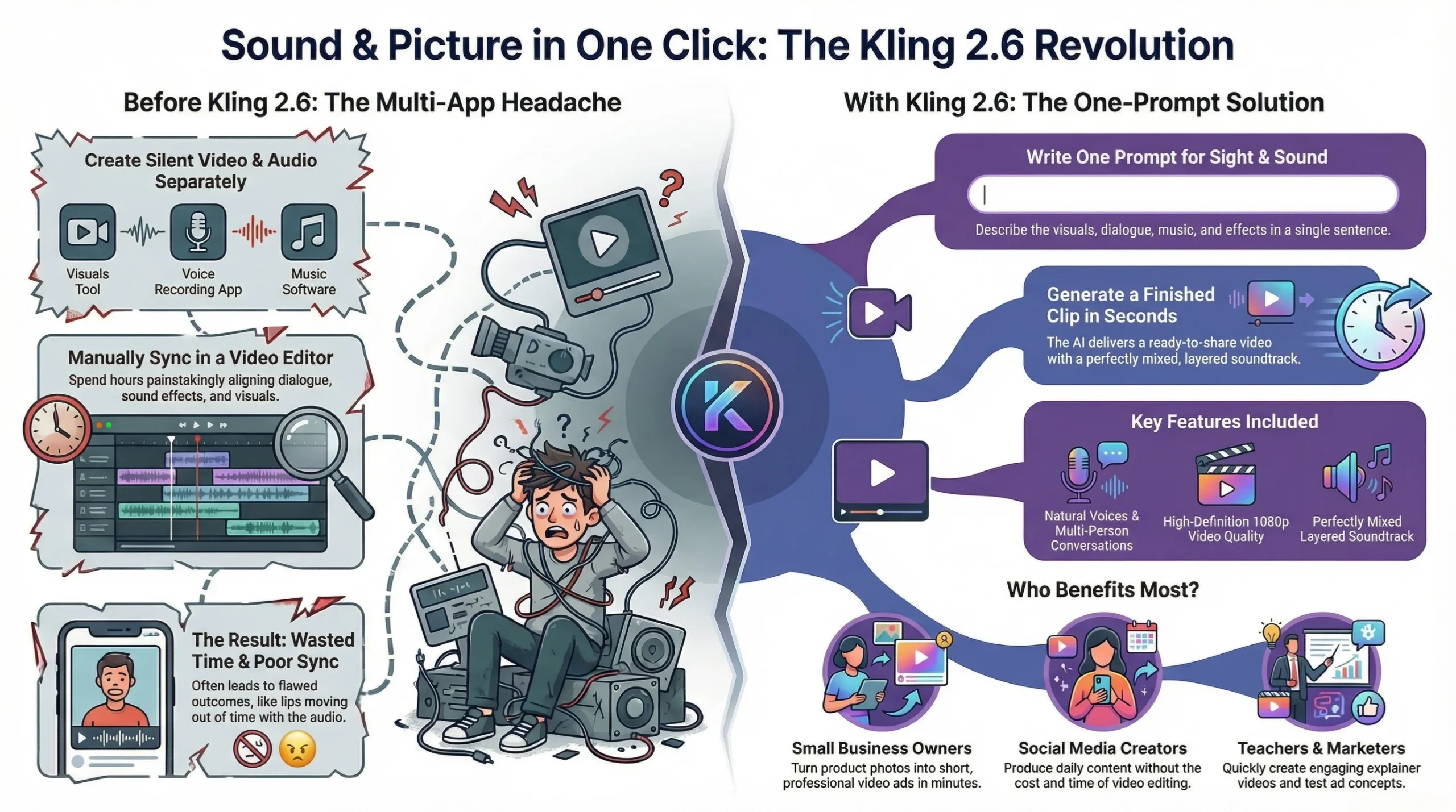 Infographic comparing the traditional "Multi-App Headache" of video editing versus the Kling 2.6 AI Video one-prompt native audio solution.