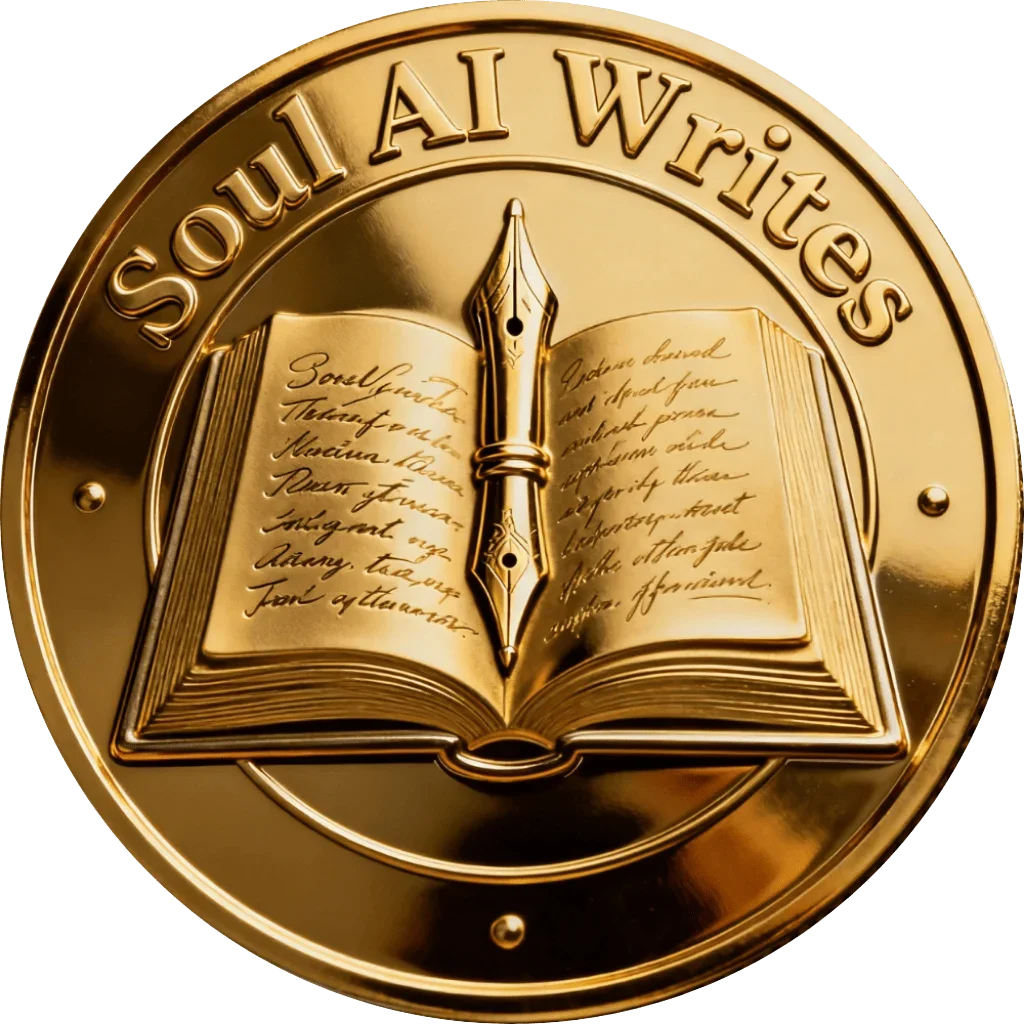 SoulAI Writes official gold medallion logo featuring an open book and fountain pen, symbolizing premium AI writing and tool reviews.
