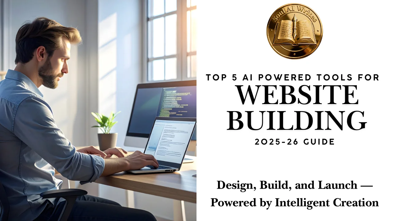 SoulAI Writes featured banner for AI Tools for Website Building 2026 Guide: Create Smarter Sites quickly with official gold medallion logo.