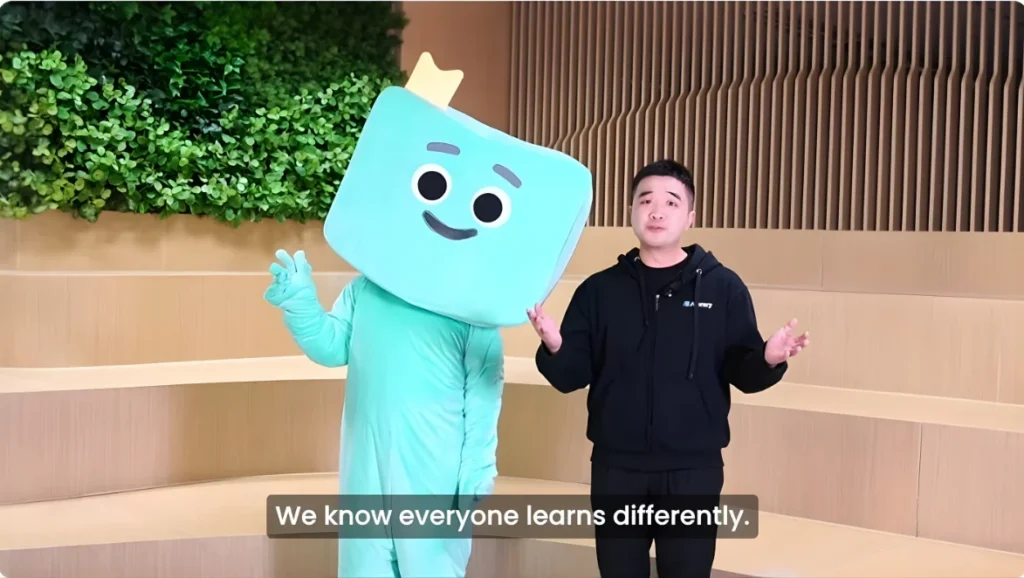 Aibrary AI Learning Companion co-founder Frank Wu and Nova mascot explaining the adaptive learning algorithms for different cognitive styles.