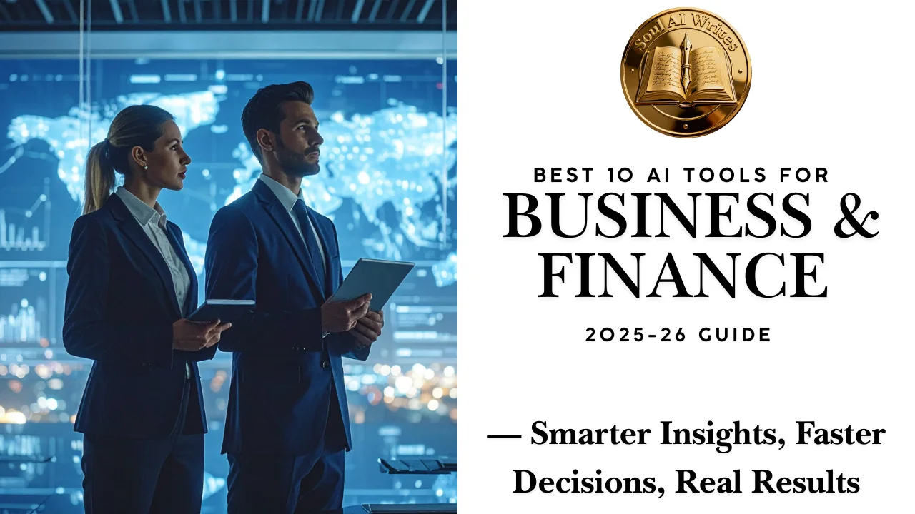 SoulAI Writes featured banner for Best 10 AI Tools for Business & Finance 2026 Guide: Smarter Insights and Faster Decisions with official gold medallion.