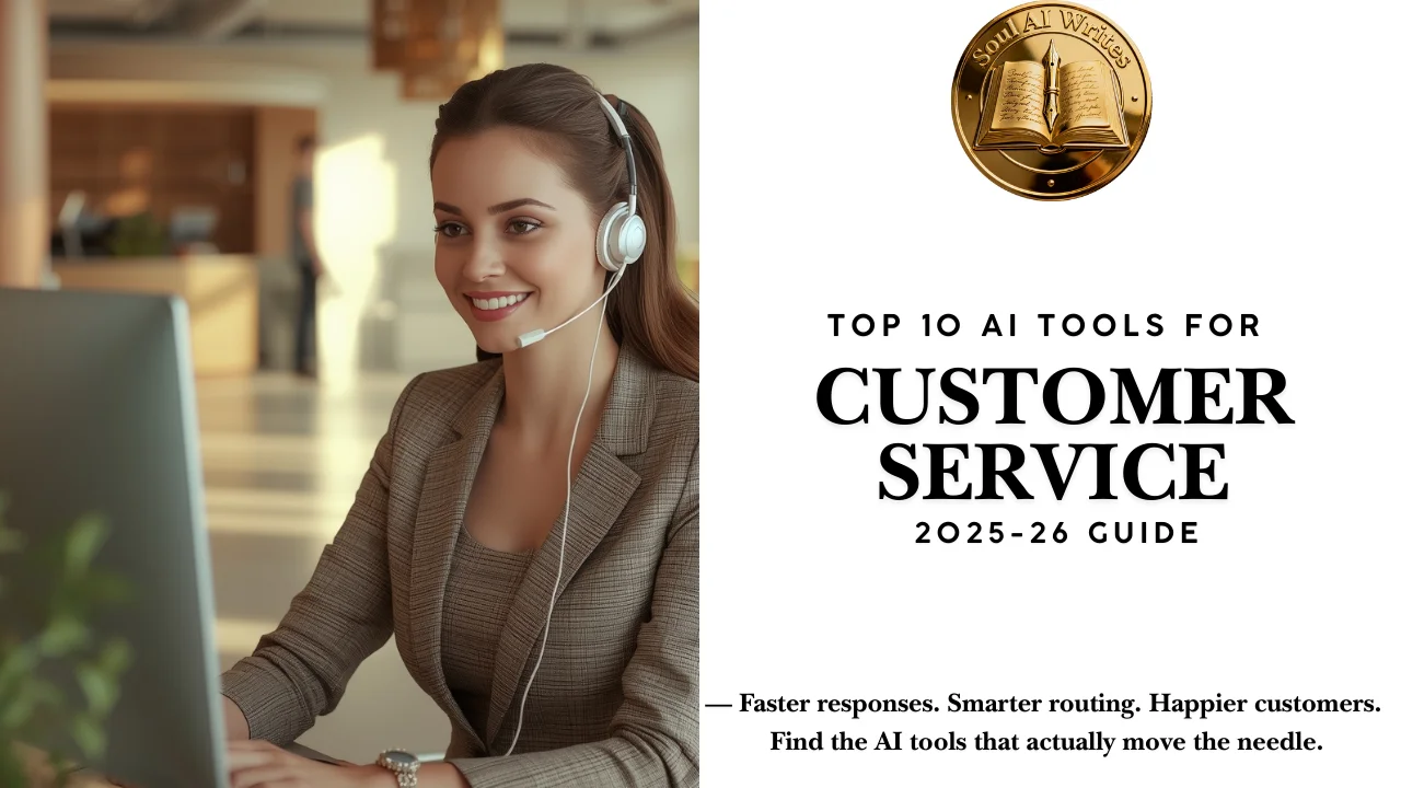 SoulAI Writes featured banner for Best 10 AI Tools for Customer Service 2025-26 Guide with official gold medallion logo.